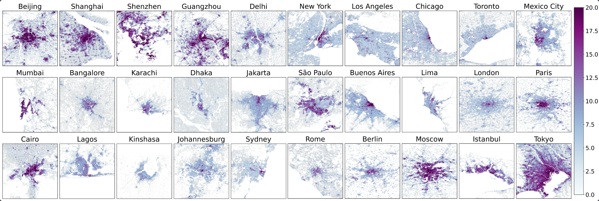 Grid of small maps showing building height in major cities around the world.